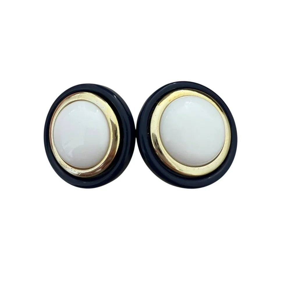 Vintage Large Size Round Blue, White, Gold Lucite Plastic Pierced Earrings 80s